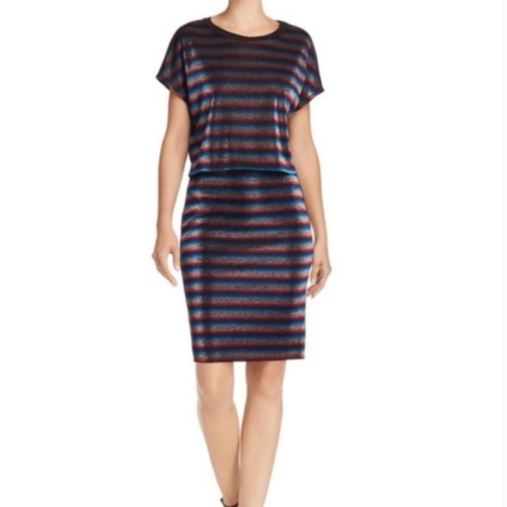 AQUA Metallic Rainbow Stripe Crop Top & Skirt Set.